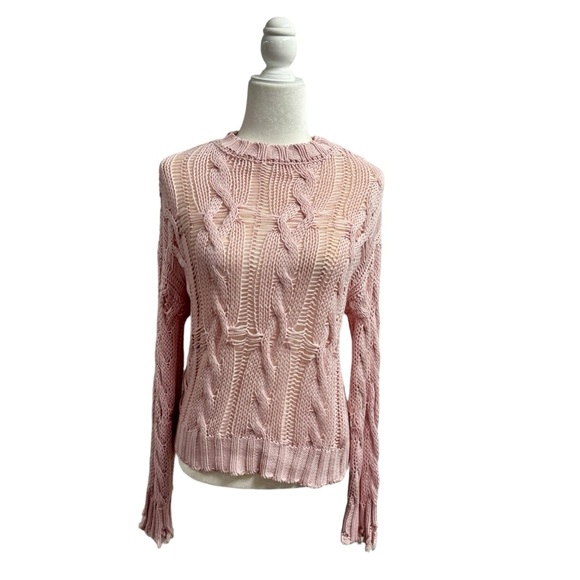 Sablyn Mitzy Pullover Crewneck Cable Knit Distressed Sweater Light Pink XS - Picture 2 of 12